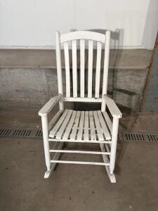 White Wooden Rocking Chair, Slat-Back, Armrests, Farmhouse Style, Painted Wood