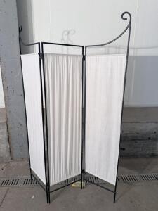Three-Panel Black Metal & White Fabric Room Divider with Scrollwork Top, 70in x 54in