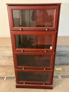 4-Section Barrister Bookcase, Glass Front, Brass Knobs, Reddish-Brown Wood, 60"x32"x14"