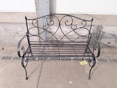 Black Wrought Iron Garden Bench, Victorian Scroll Back Design, 50" x 21" x 36", Seats 2