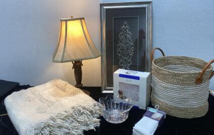 Working Lamp 24&rdquo; - Framed Art Piece 27x15 - Basket - Crystal Bowl and More