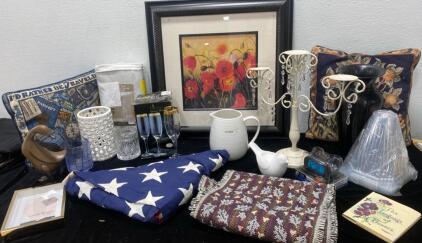 Framed Fower Picture 23.5x23.5 - Candle Holder - Crystal Stemware - Pillows- Flag - and so Much More