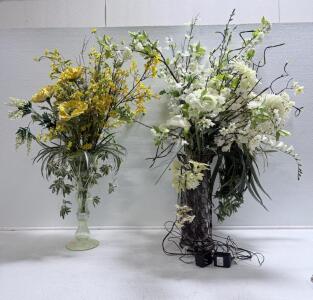 Tall Artificial Flower Arrangements, 48" White LED-Lighted + 48" Yellow Floral, Decorative Vase Pair