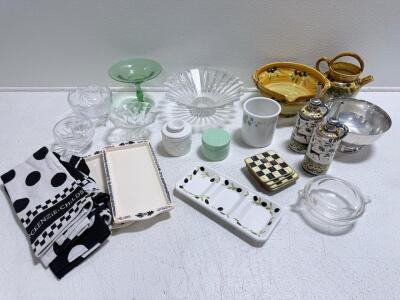 Assorted Kitchenware Lot: Italian Olive Ceramic, Cut Glass, MacKenzie-Childs Towels, Serveware