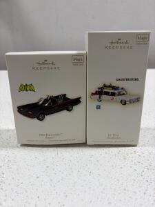 Hallmark Keepsake 2010 1966 Batmobile Batman & 2019 Ecto-1 Ghostbusters Ornaments Magic Sound