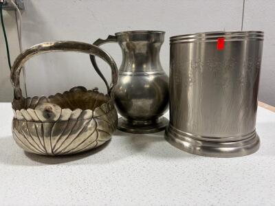 Vintage Metalware Set: Handled Basket, Pewter Pitcher, and Engraved Ice Bucket Floral Design