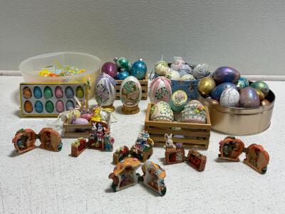 Large Vintage Lot Easter Eggs & Hinged Bunny Figurines - Hand Painted Resin, Pastel Spring Decor