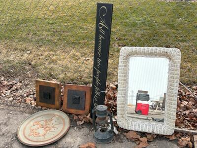 Vintage Home Decor Lot &ndash; Wicker Mirror, Dietz Lantern, Art Tiles, Signed Plate, Inspirational Sign