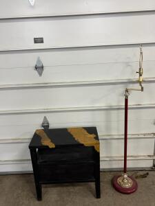 Black & Gold Side Table with Shelf + Red & Brass Swing-Arm Floor Lamp, 58-64&rdquo; Tall