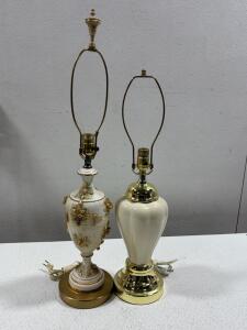 Cream Ceramic Table Lamp by PLC, Gold Base, 27", and Ornate Hand-Painted Floral Table Lamp 29" Pair