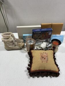 TV Ears Digital Voice Clarifying TV Listening System 5.0, Pillow, Masks, Three wax melters untested (need new bulbs), Two file organizers and Columbia boots.