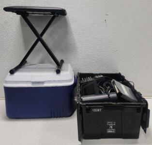 (1) Rubbermaid Blue And White Cooler (1) Adjustable X-Style Piano Bench And Assorted Electrical Cords And More