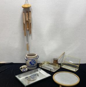 Decorative Homewares Lot: Bamboo Wind Chime, Blue Stoneware, Brass & Glass Trays, Copper Vase