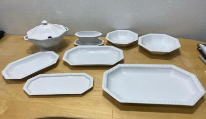 8-Piece White Porcelain Octagonal Serving Set &ndash; Tureen, Platters, Bowls, Gravy Boat