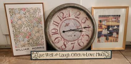 Oversized Rustic Wall Clock, William Morris & Folk Art Prints, "Live Well" Wall Sign &ndash; Framed Decor Lot
