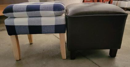 (2) Plaid Pouf 16"x17"x16.5" & Brown Leather Pouf 17"x17"x12.5"