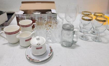 Mixed Drinkware & Serveware Set, Gold-Rim Goblets, Wine Glasses, Mason Mug, Coffee Mugs & More!