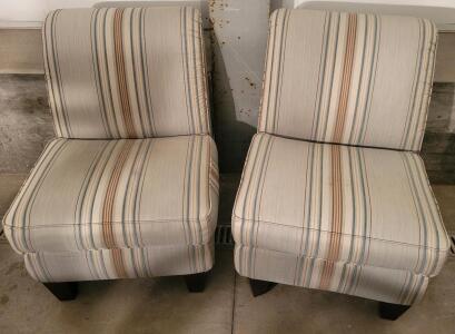 Pair of Striped Slipper Accent Chairs, Beige with Blue/Tan Stripes, Hardwood Legs, 24"x28"x33"