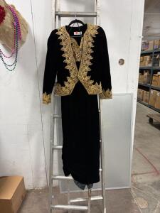 Victor Costa for Saks Fifth Avenue Black Velvet & Gold Embroidered Formal Dress & Jacket Set