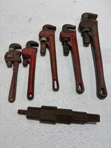 Lot of 5 Vintage Heavy Duty Pipe Wrenches (8-18") + Nipple Wrench, Ridgid/Fuller USA