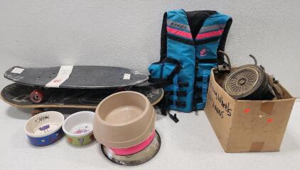 (5) Assorted Pet Bowls (1) Blue And Pink O'Neill Reactor Life Vest (1) Cruiser Shortboard And More