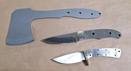 (1) Full Tang Hatchet Blank, (1) Full Tang 3.5" Drop Point Knife Blank & (1) Full Tang 3" Drop Point Knife Blank