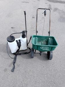 Scotts SpeedyGreen 1000 Broadcast Fertilizer Spreader & 4-Gallon Backpack Pump Sprayer Bundle