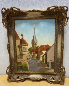 Ornate Framed Oil Painting Village Scene, Likely German, Signed "Metz", Traditional Realist 17x21