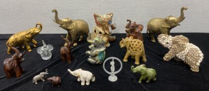 Elephant Collection- (16) Various Types ( Brass - Shells - Glass - Wood )