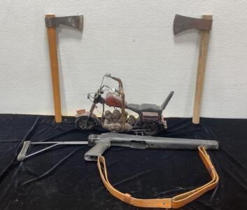 Hatchets, Folding Rifle Stock with Sling & Metal Chopper Motorcycle Model - Lot of 4 Items