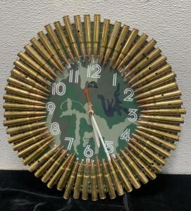 Military Theme Wall Clock with Real Rifle Cartridge Frame, Quartz, Camo Dial, 13&rdquo; Diameter
