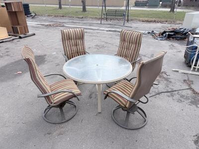 48" Round Glass Patio Table with 4 Swivel Rocker Chairs, Striped Cushions, Umbrella Hole