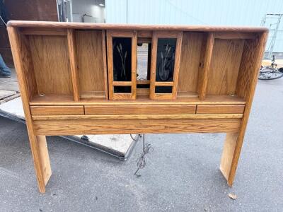 Oak Headboard with Storage, Etched Glass Doors & Drawers, Fits Queen Bed, 80"x48"x12"