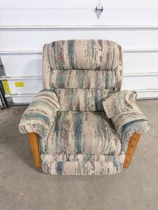 Vintage Manual Recliner Chair, Patterned Fabric, Wood Arms, Lever Recline, Damaged Upholstery