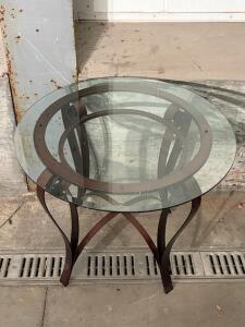 Round Metal and Glass End Table, 24" Diameter, Decorative Scroll Base, Tempered Glass Top