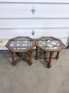 Pair Octagonal Glass Top Wood End Tables, Vintage Style, Turned Legs and Lattice, 24"x24"x20"