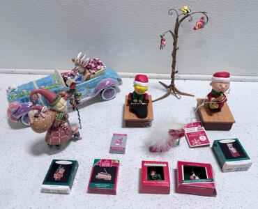 Charlie Brown Peanuts Wireless Band, Hallmark Miniature Ornaments, Raine Shoe, Cards, Decor Lot