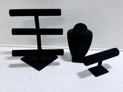 Black Velvet Jewelry Display Lot &ndash; Triple T-Bar, Single T-Bar & Necklace Bust Stand Set
