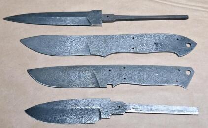 (4) Damascus Knife Blanks, (1) 5" Push Tang Stelitto, (1) 4" Full Tang Drop Point, (1) 3.75" Full Tang Drop Point & (1) 3.75" Push Tang Drop Point