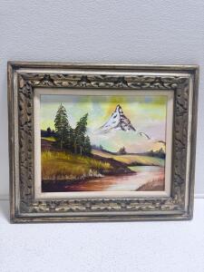 Framed 14x18" Landscape Oil Painting on Canvas, Ornate Wood Frame, Mountain & River Scene