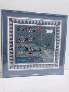 Framed Hmong Story Cloth Embroidery, Village and War Scene, Fukushima Custom Framing, 32x32"
