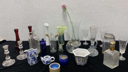 Vintage Glass & Ceramic Decor Lot &ndash; 20 Pieces: Vases, Bottles, Candlesticks, Assorted Tableware, pressed glass, crystal, painted ceramic, includes colored and clear pieces, selection features gold rims, hand-painted details, estimated 14" tallest item, as