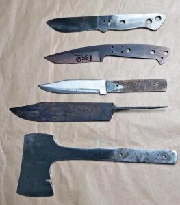 (1) Full Tang Hatchet Blank & (4) Assorted Knife Blanks, (1) 7.5", (1) 4.5" & (2) 4"