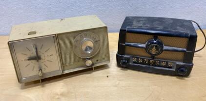 General Electric clock radio and Templetone Bakelite AM tube radio, classic mid-century design, AM only, estimated 1950s-60s manufacture, both radios untested, visible wear and dust, General Electric beige plastic case with alarm clock feature, Templetone