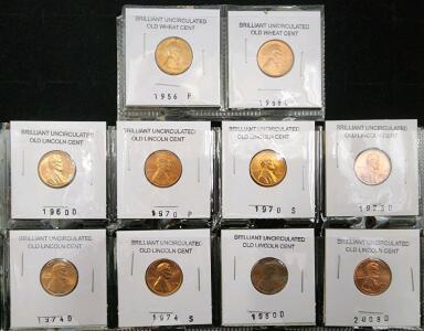 (8) 1956-2008 Assorted Mint Brilliant Uncirculated Old Lincoln Cent Coins (2) 1956-1958 Assorted Mint Brilliant Uncirculated Old Wheat Cent Coins
