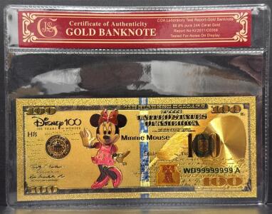 24K Gold-Plated Disney 100 Minnie Mouse Collectible Banknote WD99999999A COA
