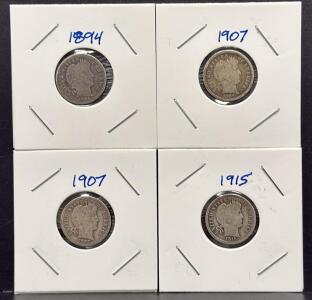 (4) 1894, 1907, 1915 Barber Dimes, U.S. Mint, 90% Silver