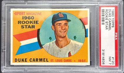 1960 Topps Duke Carmel #120 Rookie Star St. Louis Cardinals PSA 7 NM Baseball Card 31814836