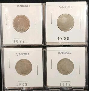 (4) 1897-1912 V-Nickel Coins