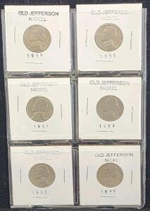 (6) 1949-1959 Old Jefferson Nickel Coins